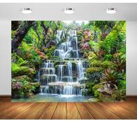 BELECO 5x3ft Fabric Garden Waterfall Backdrop Mountain Rocks Flowing Water Lake River Green Forest Trees Nature Background Home Wall Decor Photo Booth Shoot Studio Props