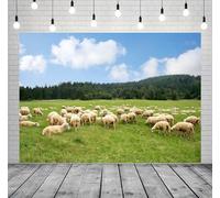 BELECO 5x3ft Fabric Rural Sheep Pasture Backdrop Flock of Sheep Lamb Grazing, Green Farm Meadow Hills Shepherd Photography Background for Party Decorations Photo Booth Studio Props Wallpaper