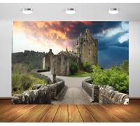 BELECO 5x3ft Fabric Scotland Medieval Castle Backdrop Ancient Gothic Castle Old Stone Wall Buildings Sunset Forest Background Medieval Castle Party Decorations Portrait Photo Studio Props