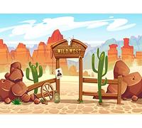 BELECO 6x3m Fabric Cartoon Wild West Desert Backdrop Western Cowboys Backdrop Wanted Sign Poster Arizona Grand Canyon Desert Cactus Blue Sky Clouds Background Western Party Decorations Photo