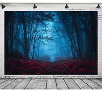 BELECO 6x3m Fabric Mysterious Foggy Forest Backdrop Dark Horror Park Red Leaves Forest Strangers Background Halloween Night Vampire Witch Wizard Horror Party Decor