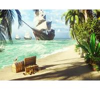 BELECO 7x5ft Fabric Beach Island Pirate Ship Backdrop Ocean Seascape Palm Trees Treasure Box Background for Pirate Theme Birthday Party Decorations Halloween Kids Photo Booth Background Props