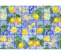 BELECO 7x5ft Fabric Blue Tiles Lemon Backdrop Mediterranean Lemon Party Decorations Lemon Fruit and Green Leaves Background Summer Amalfi Coast Party Decorations Italian Party Banner Photo Prop