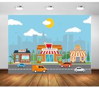 BELECO 7x5ft Fabric Cartoon Town Business Street Backdrop Cafe Supermarket Pizza Store Background Kids Birthday Party Decor Photoshoot Booth Studio Props