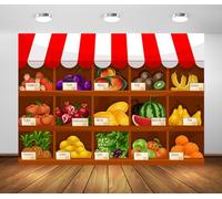 BELECO 7x5ft Fabric Fruit Shop Backdrop Summer Fresh Fruit Strawberry Grapes Watermelon Lemon, Fruit Supermarket Background Fruit Theme Baby Kids Birthday Party Decorations Photo Studio Props