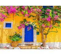BELECO 7x5ft Fabric Greece Street Backdrop Greek Mediterranean Style, Yellow House Wall with Blue Door Windows, Flowers and Green Plants Background Greece Theme Party Decoration Photo Studio Props