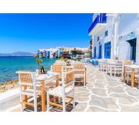 BELECO 7x5ft Fabric Greece Street Cafe Restaurant Backdrop Santorini Island Oia Village Blue Aegean Sea Background Greece Themed Party Decorations Birthday Wedding Shoot Photo Props