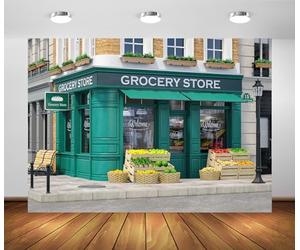 BELECO 7x5ft Fabric Grocery Store Shop Backdrop Vintage Style with Fruit and Vegetables Crates on The Street Background for Party Decorations Photo Booth Studio Props