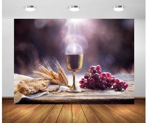 BELECO 7x5ft Fabric Holy Communion Backdrop Holy Grail with Unleavened Bread and Chalice of Wine - Last Supper with Corpus Christi of Light - Eucharist of Sacrament Background Church Photo Props