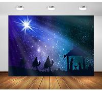 BELECO 7x5ft Fabric Manger Nativity Scene Backdrop Christmas Star Night Bethlehem Starlight Birth of Jesus Three Wise Men Background Christmas Nativity Decoration Religious Belief Church Photo Props