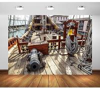 BELECO 7x5ft Fabric Retro Wooden Pirate Ship Backdrop Ancient Wooden Ship Deck, Ship for Tourists Harbor Background Nautical Pirate Themed Party Decorations Photoshoot Studio Props