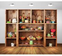BELECO 7x5ft Fabric Sweets Candy Shop Backdrop Candies in Jars Lollipop Candy Canes Wooden Shelves Background Sweets Theme Baby Kids Birthday Party Decorations Photoshoot Studio Props Wallpaper