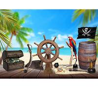 BELECO 7x5ftFabric Pirate Backdrop for Photography Beach Pirate Ship Wooden Rudder Treasure Map Jewelry Box Barrel Parrot Background Halloween Pirate Party Decor Kids Birthday Photoshoot Photo Props