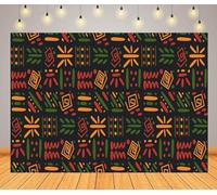 BELECO 8x6ft Fabric African Clash Ethnic Tribal Backdrop Red, Yellow, Green Symbols, Square Repeat Lines Backdrop for Black History Month, Juneteenth, Kwanzaa Background Banner Photo Studio Props