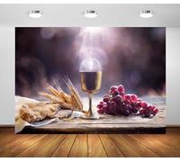 BELECO 8x6ft Fabric Holy Communion Backdrop Holy Grail with Unleavened Bread and Chalice of Wine - Last Supper with Corpus Christi of Light - Eucharist of Sacrament Background Church Photo Props