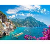 BELECO 8x6ft Fabric Italian Amalfi Coast Backdrop Italy Landscape Positano Coast Village Sunset View Mediterranean Sea Background Italian Theme Party Decorations Kids Adults Photoshoot Studio Props