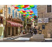 BELECO 8x6ft Fabric Jerusalem Narrow Street Backdrop Umbrellas Street Multicolored Parasols Ancient Brick Stone Buildings Jerusalem Cityscape Israel Background for Party Decor Photo Booth Studio Props