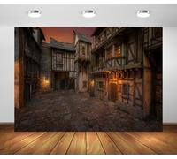 BELECO 8x6ft Fabric Medieval Village Backdrop Fantasy Town Night Ancient Houses Cobbled Street Background Medieval Theme Party Decorations Photoshoot Props