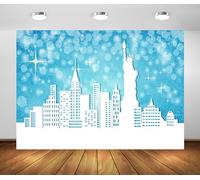 BELECO 8x6ft Fabric Merry Christmas in NYC Backdrop Snow Scene Blue Glitter Spots Stars New York City Skyline Skyscraper Statue of Liberty Background New York Christmas New Year Party Decor Photo Prop