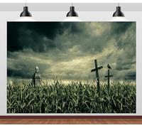 BELECO 8x6ft Fabric Spooky Cornfield Backdrop Cloudy Night Sky Green Corn Stalks, Church Crucifix, Corn Field Maze Background Halloween Cornfield Themed Party Decorations Photoshoot Studio Props