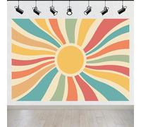 BELECO 8x8ft Fabric Vintage Boho Sun Backdrop Retro Sun Rays Groovy Sunshine Rainbow Sunrise Background 60s 70s Bohemian Style Birthday Baby Shower Party Decoration Banner Photo Prop