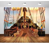 BELECO 9x6ftFabric Vintage Pirate Ship Backdrop Wooden Rudder Treasure Chests Treasure Map Barrels Parrot Ocean Sailing Ship Nautical Pirates Background Pirate Theme Party Decorations Photo Props