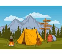 BELECO Cartoon Camping Backdrop 2.1x1.5m Fabric Forest and Mountain Scenery Outdoor Campfire Camper Tent Theme Birthday Party Backdrop Hiking Climbing Sign Guitar Backpacks Background Photo