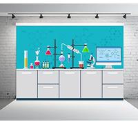 BELECO Chemical Science Birthday Party Backdrop - 3x2.5m Fabric Cartoon Chemistry Lab Equipment Research Background for Kids Party Decorations Mad Scientist Banner