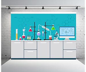 BELECO Chemical Science Birthday Party Backdrop - 3x2.5m Fabric Cartoon Chemistry Lab Equipment Research Background for Kids Party Decorations Mad Scientist Banner