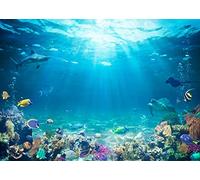 BELECO Underwater World Backdrop 7x5ftFabric Undersea Backdrop for Photography Under The Sea Tropical Fish Dolphin Turtle Coral Deep Sea Sunlight Seabed Background Undersea Party Photo Studio Prop