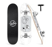 BELEEV Skateboards, 31 x 8 inch Complete Skateboard for Beginners, 7 Layer Canadian Maple Double Kick Deck Concave Cruiser Trick Skateboard for Kids and Adults with Skate T-Tool(White Grey)