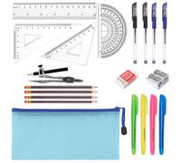 Belegao 20pcs Stationary Set, Maths Set Back to School Supplies Rulers, Pencils, Pens, Highlighters, Eraser, Metal Sharpener, Compass, Pencil Case for Primary Secondary Classroom, Home, Office