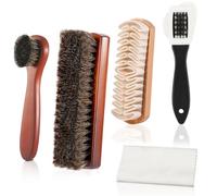 Belegao 5pcs Shoe Brush Set - 2pcs Horsehair Shoes Brushes 1 4-sided Cleaning Brush 1 Suede Shoe Brush and 1 Cleaning Cloth for Cleaning Polishing Leather Shoes, Boots, Sneakers, Car Seats, Sofas