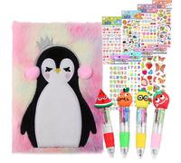 Belegao Fluffy Secret Diary Set, Plush Notebook A5 Design with 4pcs 4-colour Ballpoint Pens 0.7mm Tip and 8 Themed 3D Puffy Stickers for Children Birtday Gifts Party Bag Fillers