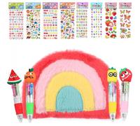 Belegao Fluffy Secret Diary Set, Plush Notebook A5 Rainbow Design with 4pcs 4-colour Ballpoint Pens 0.7mm Tip and 8 Themed 3D Puffy Stickers for Children Birtday Gifts Party Bag Fillers