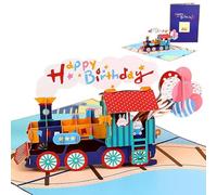 Belegao Pop Up Birthday Card with Train & Balloons Patterns, 3D Greeting Card Set with Envelope and Small Greeting Card Colourful Happy Birthday Design for Adults and Kids (Train, 15x20cm)