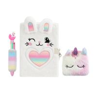 Belegao Rabbit Diary with Lock for Girls, Fluffy Journal with Lock Keys Purse and Pen Secret Diary for Kids Home School Travel Writing Notebook, Plush Rabbit Rainbow Heart