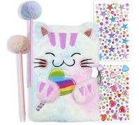 Belegao Secret Diary with Lock for Girls, Fluffy Journal with Lock Keys Pen Rhinestone Stickers Plush Secret Diary Notebook Set for Home School Travel Writing (Smile Cat Tie-Dye)