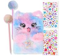 Belegao Secret Diary with Lock for Girls, Fluffy Journal with Lock Keys Pen Rhinestone Stickers Plush Secret Diary Notebook Set for Home School Travel Writing (Big Eyes Cat Purple Tie-Dye)