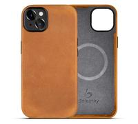 Belemay Compatible with iPhone 13 Leather Case Magsafe - Top Grain Vintage Crazy Horse Leather - Metal Buttons & Camera Bezel Bump - Slim Fit & Soft Feel - Premium Phone Cover (6.1-inch) Tan Brown