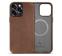 Belemay Compatible with iPhone 15 Pro Leather Case Magsafe - Top Grain Vintage Crazy Horse Leather - Metal Buttons & Camera Bezel Bump - Slim Fit & Soft - Premium Phone Cover (6.1-inch) Retro Brown