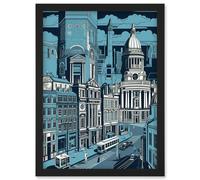 Belfast Cityscape City Centre Hall Linocut Style Artwork Framed Wall Art Print A4 Artery8 Black One Size