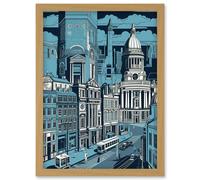 Belfast Cityscape City Centre Hall Linocut Style Artwork Framed Wall Art Print A4 Artery8 Light Oak One Size