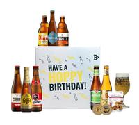 Belgian Beer Happy Birthday Gift Box - 8 Beers with Glass & Mr Filberts Snacks | Premium Belgian Ale Selection | Craft Beer Birthday Gift for Him or Her