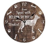 Belgian Shepherd Lovers Wall Clock Time Spent With Dogs Is Never Wasted PVC Clock for Wall Battery Operated Silent Home Decorations Clocks for Kitchen Dinning Room 12x12in