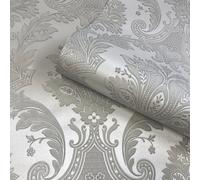 Belgravia Amara Damask Heavyweight Textured Vinyl Wallpaper Silver 7370