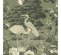 Belgravia Decor Izumi Crane Themed Elegant Oriental Japanese Wallpaper Ideal for Living Rooms, Contemporary Bedrooms, Dining Areas and Restroom Wall Covering in Green 743