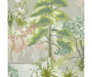Belgravia Decor Panacea Forest Wallpaper Pastel - Green/Grey - Trees/Mountains/Floral - Belgravia 1156