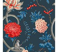 Belgravia Forbidden Fruit Blue Floral Monkey Animals Quirky Wallpaper 39003