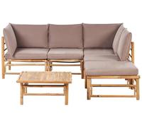Beliani 6 Piece Garden Modular Corner Sofa Set 5 Seater with Coffee Table Bamboo Natural Cushions Taupe Cerreto